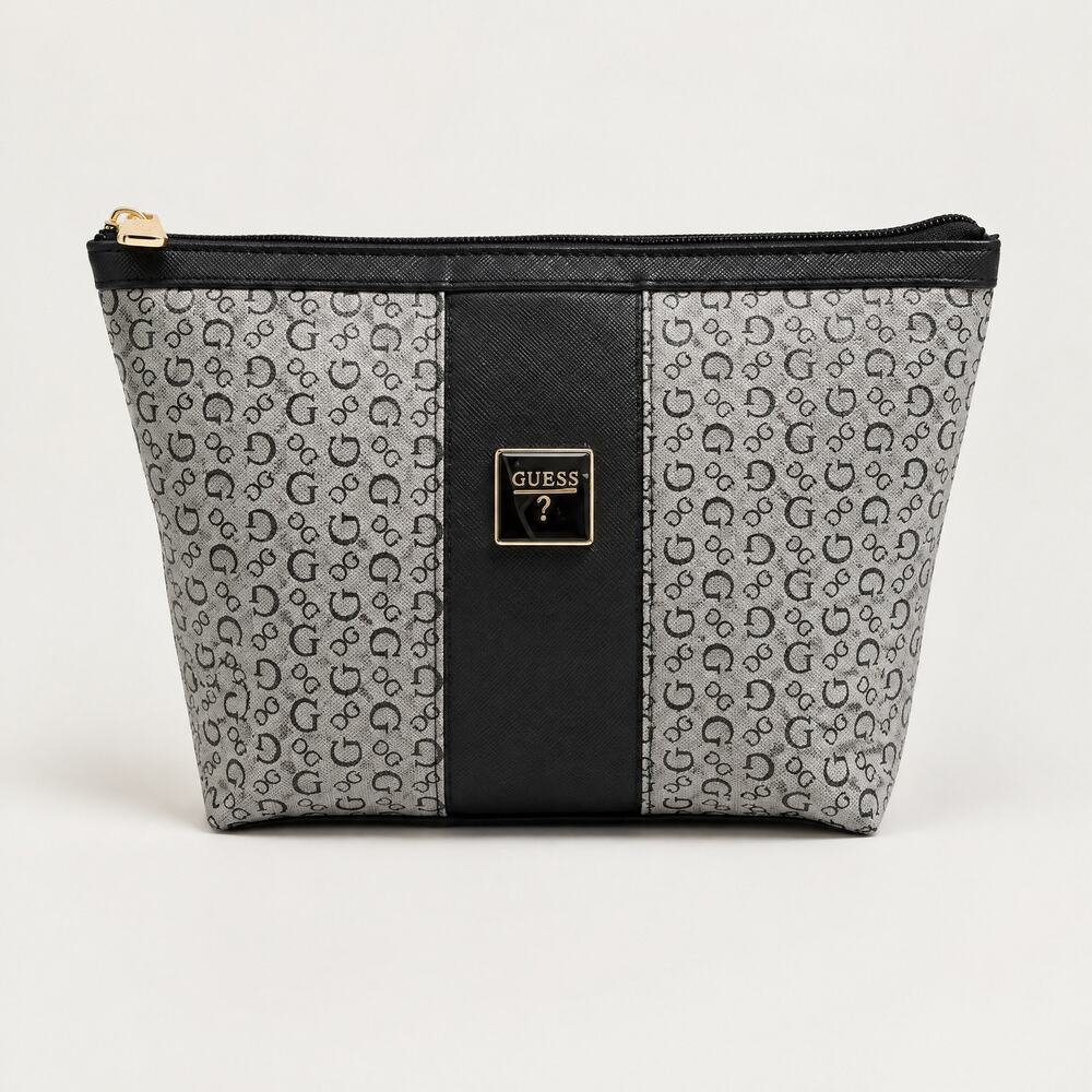 GUESS Cosmetic Bag Gray Black Logo Print Zipper Travel Pouch